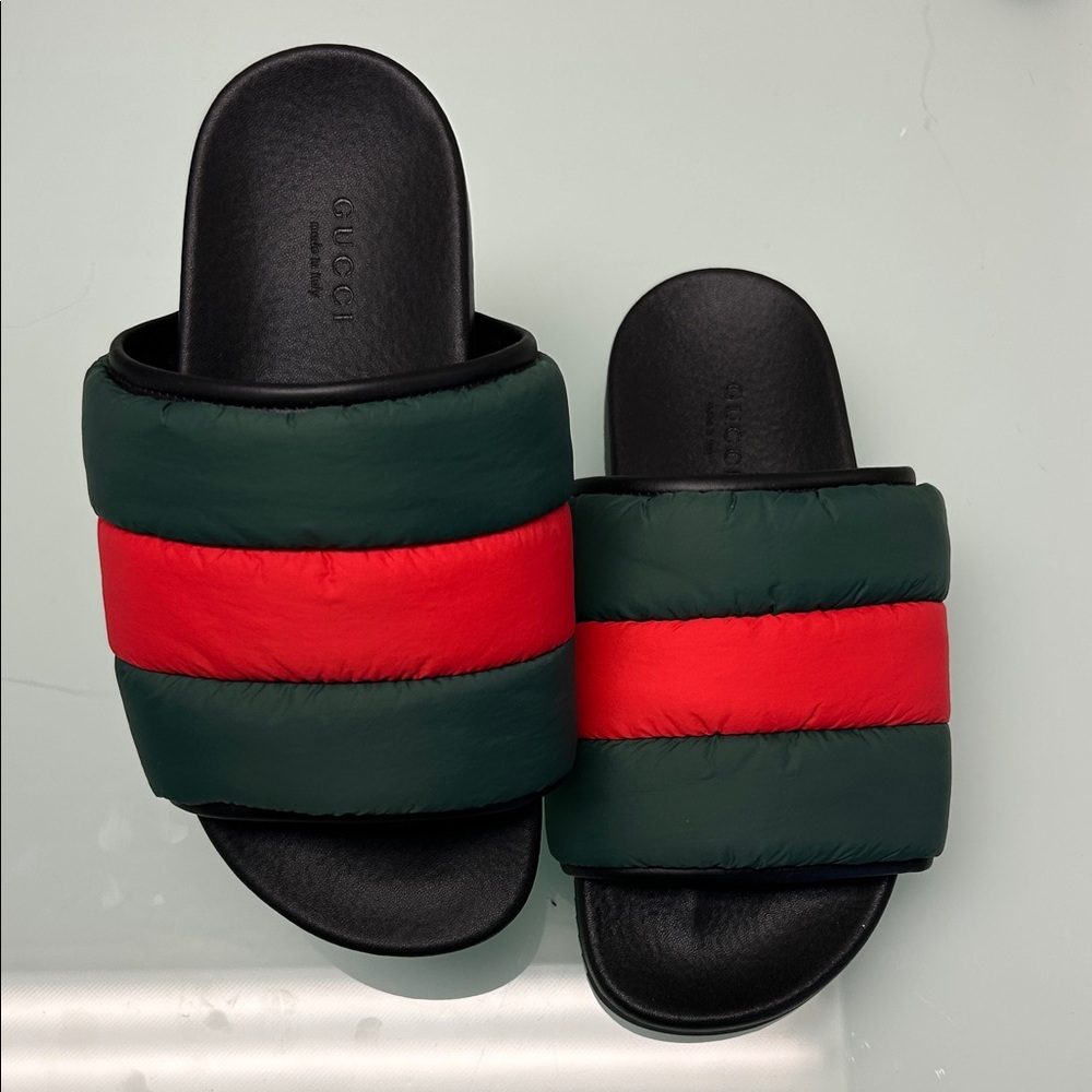 Gucci Black and Green Puff Slides with Red Accent